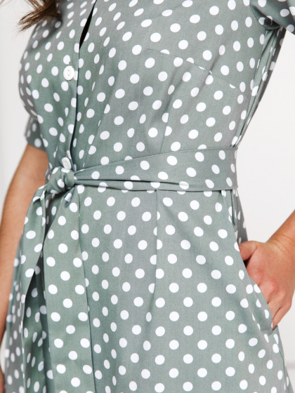 Платье-рубашка на пуговицах "Джолли" (горох, олива) П2103